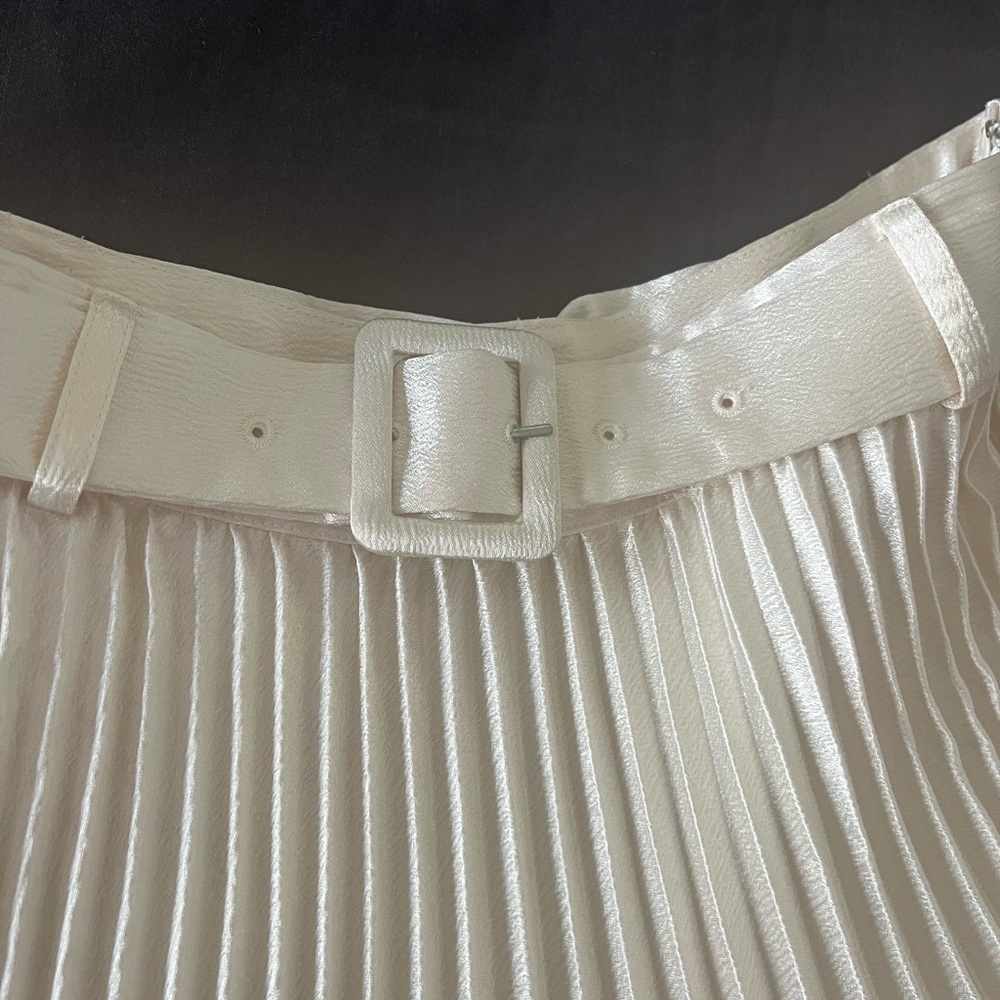 SOLD Audrey Hepburn Moon River Cream Satin Pleated Belted Midi Skirt - Picture 7 of 14
